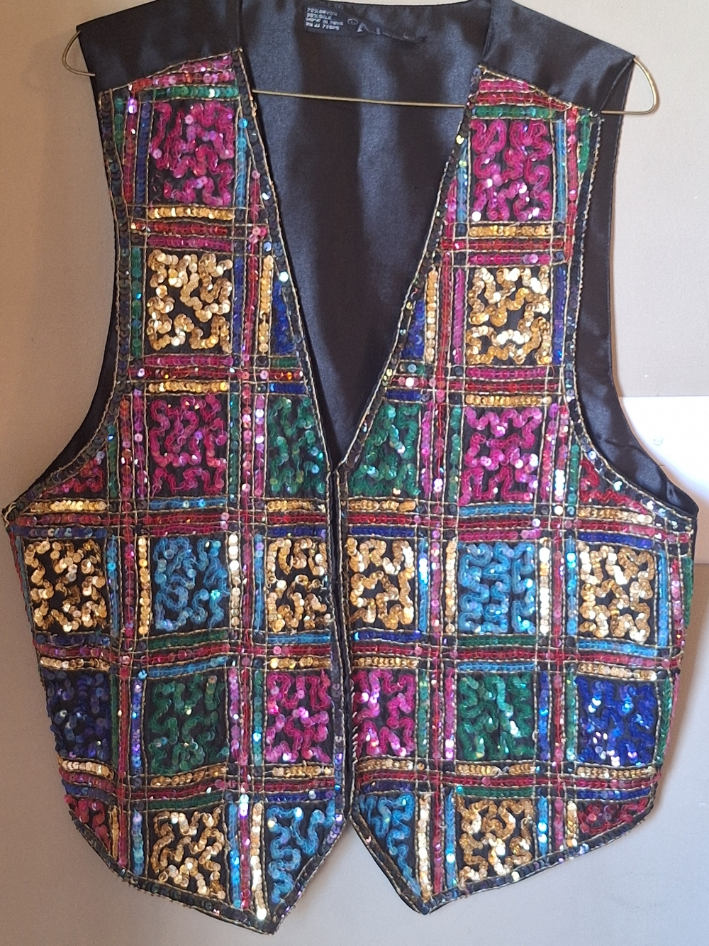 Vintage Rayon Silk Blend Multicolor Sequin Patchwork Vest L
